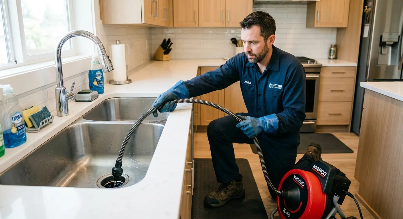 Drain cleaning technician using a motorized snake on a kitchen sink in Oak Ridge