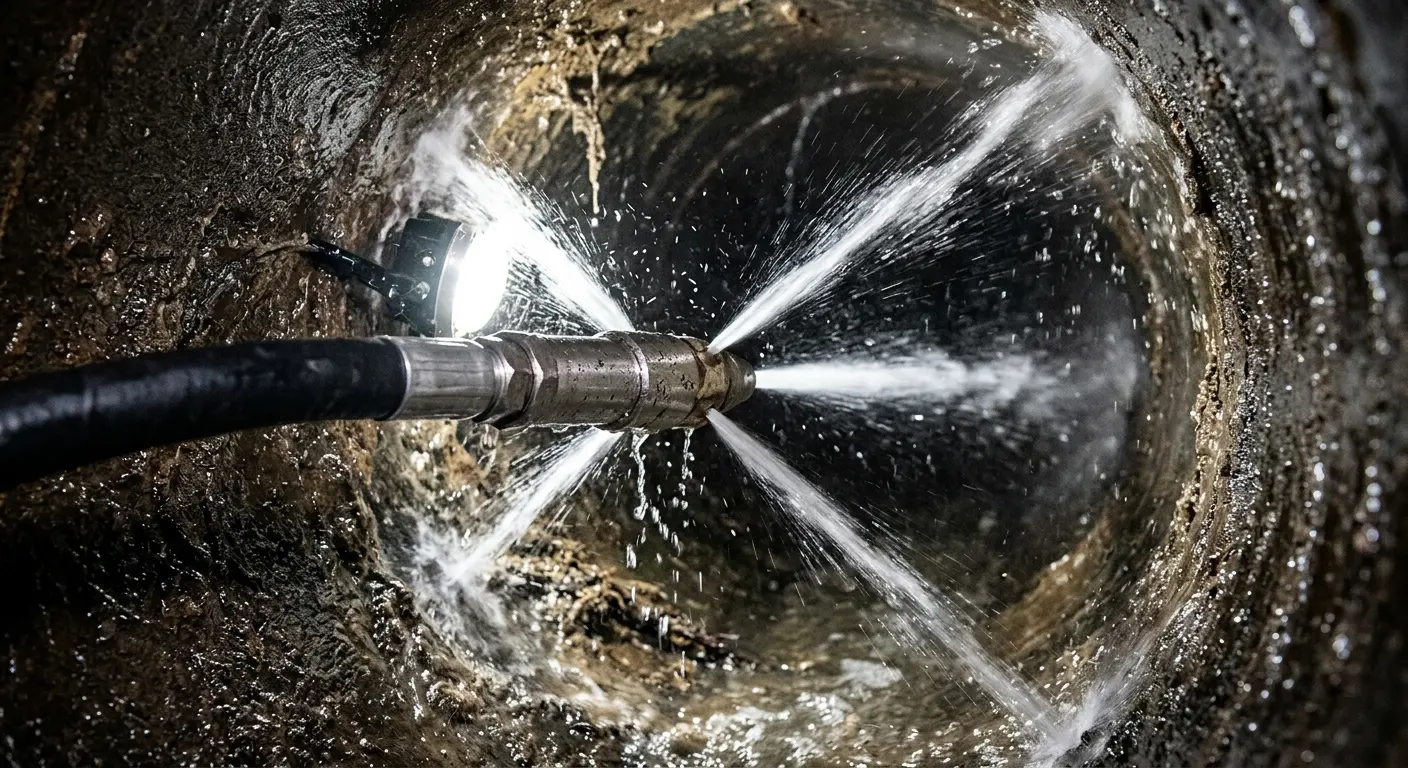 High-pressure hydro jetting nozzle cleaning sewer pipe for Emergency Drain Service in Oak Ridge