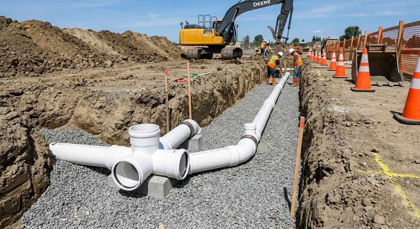 New PVC sewer pipe installation in open trench for Sewer Backup in Oak Ridge