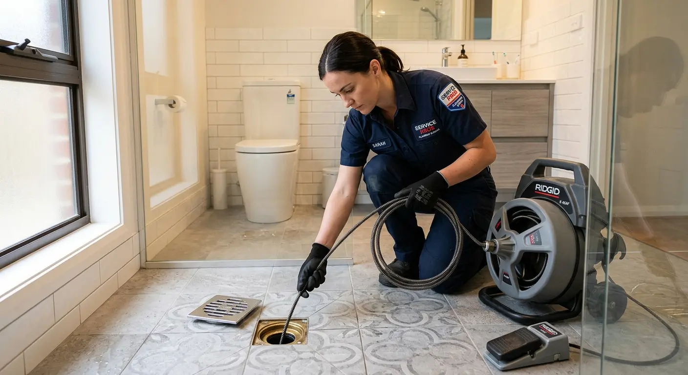 Technician clearing a bathroom floor drain for Drain Cleaning in Oak Ridge